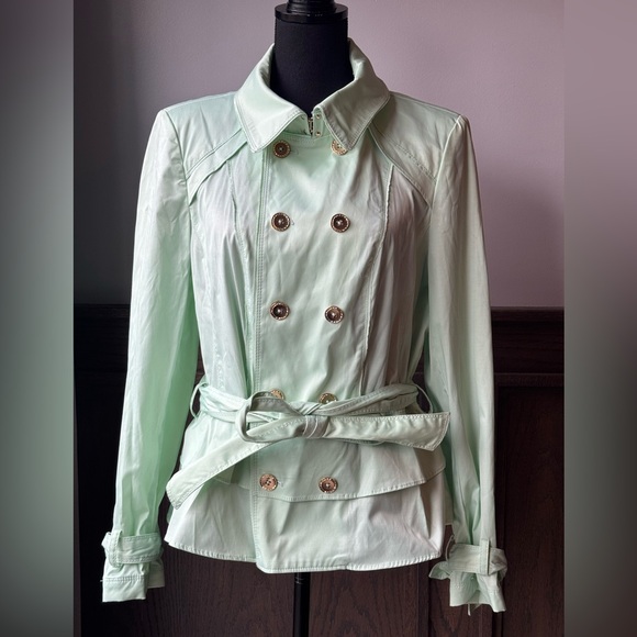 White House Black Market mint green ruffle trench jacket size small - Picture 2 of 9